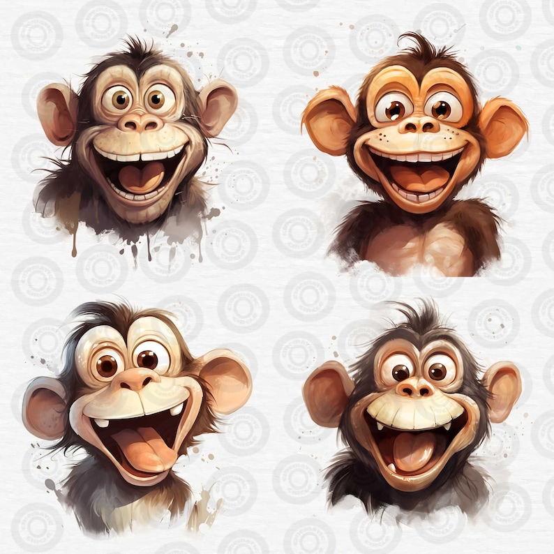 Puede incluir: Cuatro ilustraciones digitales de monos con la boca muy abierta, mostrando sus dientes y ojos grandes. Los monos son todos marrones y tienen un efecto acuarela.