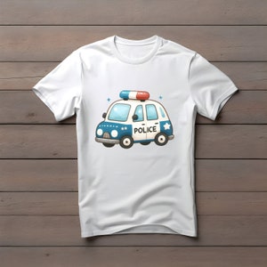May include: White t-shirt with a cartoon illustration of a blue and white police car with a red and white light on top. The car has the word "POLICE" written on the side.