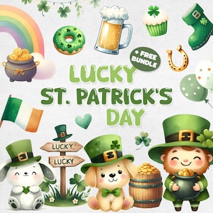 Lucky St Patricks Day Clipart Set, Cute St Patty's Day PNG, Shamrock, Kabouter, Regenboog, Pot met goud, Iers bier, Digitale Instant Download