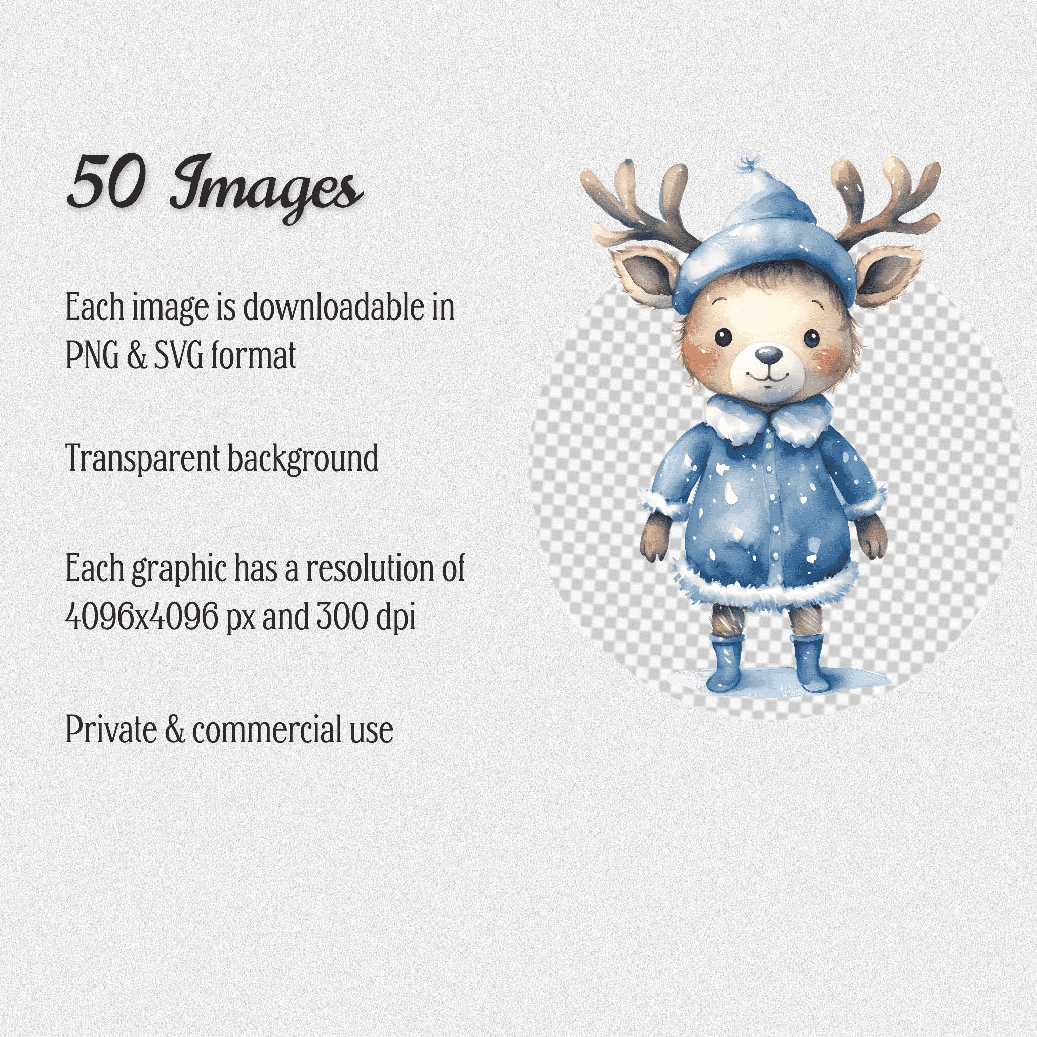 Christmas Cute Reindeer Clipart Bundle, Watercolor Deer, Blue Christmas ...
