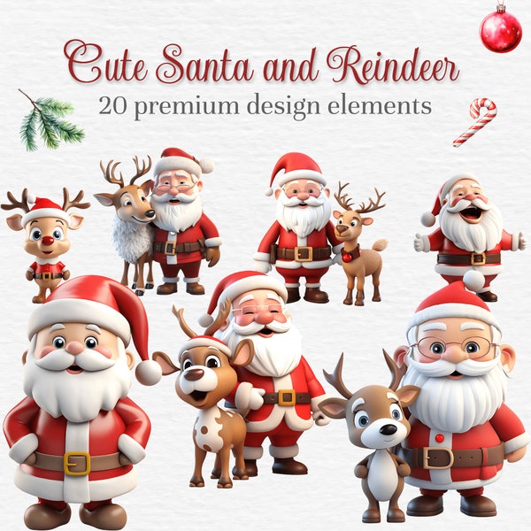 Pacchetto di clipart natalizie con Babbo Natale e cervi, renne acquerellate, Babbo Natale, cuccioli, biglietti di Natale, creazioni in carta digitale, PNG e SVG di Natale