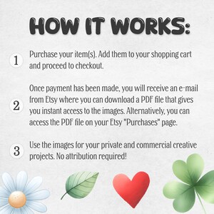 Puede incluir: Un gr&aacute;fico con tres pasos sobre c&oacute;mo comprar im&aacute;genes digitales en Etsy. Los pasos est&aacute;n numerados 1, 2 y 3. El gr&aacute;fico incluye una margarita blanca, una hoja verde, un coraz&oacute;n rojo y un tr&eacute;bol de cuatro hojas verde.