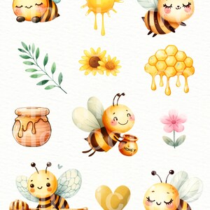 May include: A set of digital illustrations featuring cute cartoon bees, honeycombs, sunflowers, and a jar of honey. The illustrations are in a watercolor style and are perfect for adding a touch of whimsy to any project.