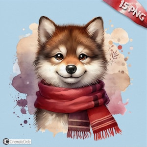 Aquarel kerstdieren portretbundel, winterbosdier PNG, schattige baby's, winterafbeeldingen, bos transparante PNG, junk Journal