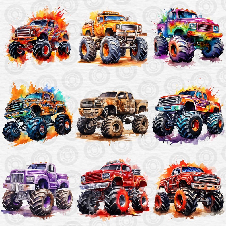 May include: Nine watercolor illustrations of monster trucks with different paint schemes and colors. The trucks are all facing forward and have large tires. The background is a white watercolor wash with a pattern of circles.