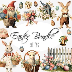 Vintage Pasen clipart bundel, aquarel Pasen 90 PNG set, paashaas, eiermand, tulp, lam, lente clipart, digitale Instant Download