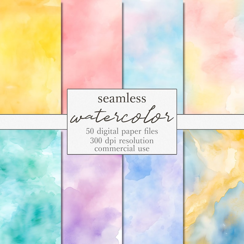 May include: A set of 50 seamless watercolor digital paper files in various pastel colors, including yellow, pink, blue, green, and purple. The files are 300 dpi resolution and are for commercial use.