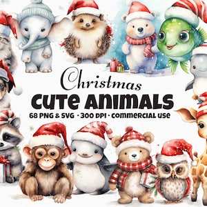 68 Christmas animals clipart png, Christmas gift clipart, Winter clipart, Aquarell ClipArt Bundle, Cute animals, SVG & PNG, Commercial Use