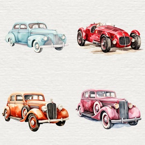 May include: A collection of eight vintage cars in various colors, including red, blue, black, and orange. The cars are all in different styles, from classic convertibles to sleek sedans.
