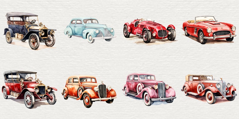 May include: A collection of eight vintage cars in various colors, including red, blue, black, and orange. The cars are all in different styles, from classic convertibles to sleek sedans.