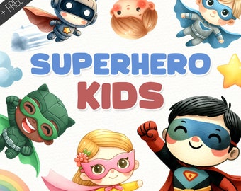 Superhero Kids Clipart Bundle, Superheroes PNG, Aquarelle Hero, Galaxy, Nursery Decor, Girl & Boy, Téléchargement instantané numérique, Utilisation commerciale