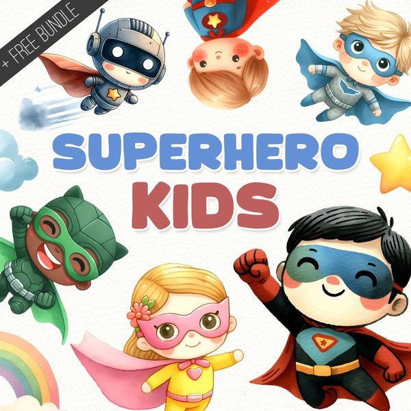 Superhero Kids Clipart Bundle, Superheroes PNG, Watercolor Hero, Galaxy, Nursery Decor, Girl & Boy, Digital Instant Download, Commercial Use