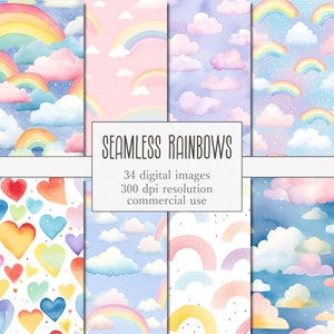 Seamless Rainbows Digital Paper Set, watercolor rainbow jpg graphic, cloud heart rainbow, printable colorful scrapbook paper, Commercial Use