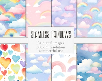 Seamless Rainbows Digital Paper Set, watercolor rainbow jpg graphic, cloud heart rainbow, printable colorful scrapbook paper, Commercial Use