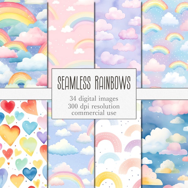 Seamless Rainbows Digital Paper Set, watercolor rainbow jpg graphic, cloud heart rainbow, printable colorful scrapbook paper, Commercial Use
