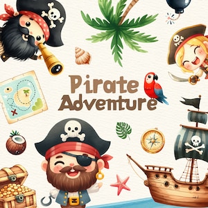 Pirate Adventure Clipart Bundle, Pirates mignons PNG, Bateau pirate, Océan, Coffre au trésor, Décor de fête d’anniversaire, Carte au trésor, Téléchargement numérique