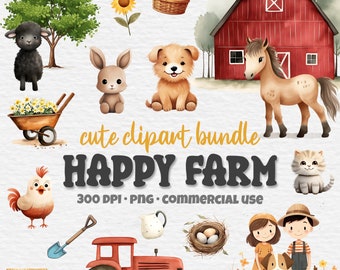 78 Cute Farm Clipart Bundle, Happy Farm Animals, Watercolor Digital Clipart, Horse Cow Sheep PNG, Nursery Decor, Card Making, Commercial Use
