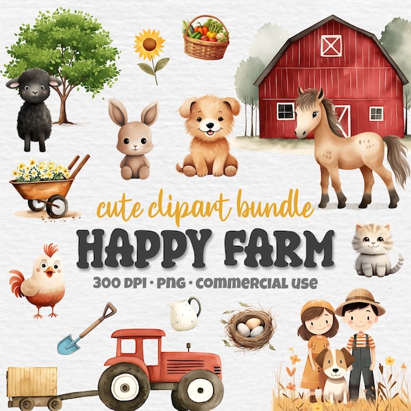 78 Cute Farm Clipart Bundle, Happy Farm Animals, Watercolor Digital Clipart, Horse Cow Sheep PNG, Nursery Decor, Card Making, Commercial Use