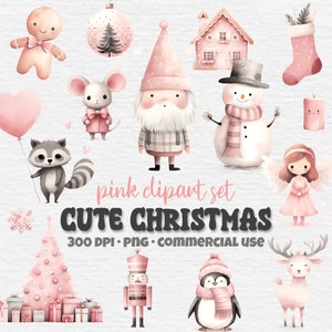 Set di clipart di Natale carino, pacchetto acquerello rosa, png trasparente, renna Babbo Natale, elfo, pupazzo di neve, cuccioli di animali, album di ritagli, download digitale