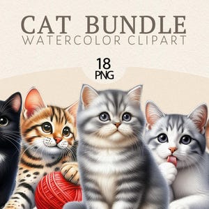 Watercolor Cats Clipart Bundle, Cat Breeds PNG, Cute Cats Graphics, Happy Baby Animals, Cartoon Kitten, Mouse Clip Art Set, Digital Download