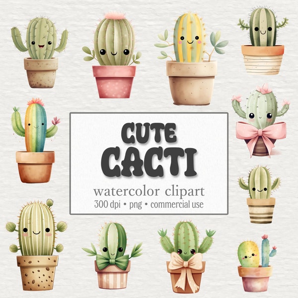 Cute Cactus Clipart Bundle, Watercolor Cacti, Digital Kawaii Stickers, Watercolor PNG Set, Printable Cactus, Happy Plants, Digital Download