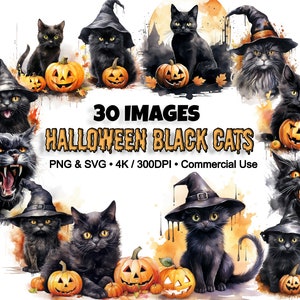 Halloween Black Cat Clipart, PNG and SVG, Aquarell Cat with Hat Clipart, Spooky Halloween, Scrapbook, Paper Crafts, Trick or Treat, Digital
