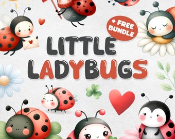 Paquete de imágenes prediseñadas de Little Ladybug, lindo insecto de amor PNG, día de San Valentín, amor, primavera de acuarela, decoración de guardería, Kawaii, descarga instantánea digital