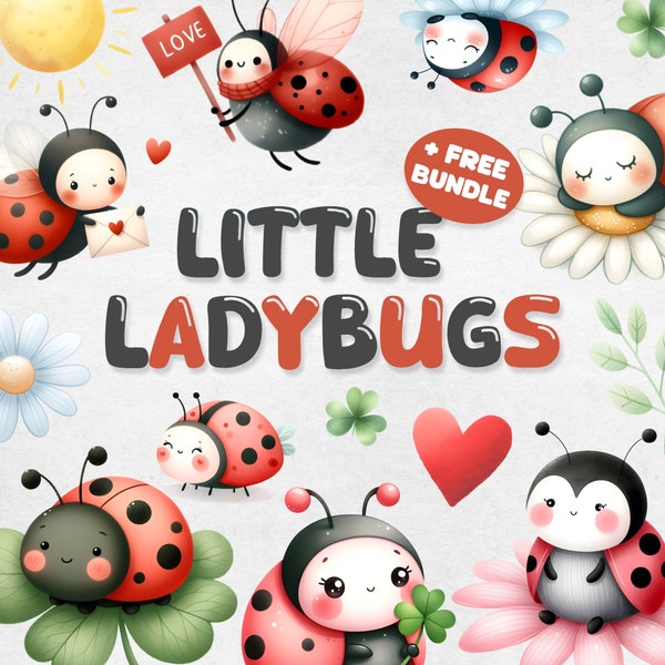 Little Ladybug Clipart Bundle, Cute Love Bug PNG, Saint-Valentin, Amour, Aquarelle Printemps, Décor de chambre d’enfant, Kawaii, Téléchargement instantané numérique