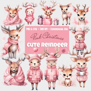 Noël mignon renne Clipart Bundle, cerf aquarelle, Noël rose, bébé animaux Clipart, Père Noël, PNG et SVG, cadeau d’hiver, utilisation commerciale