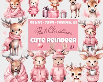 Christmas Cute Reindeer Clipart Bundle, Watercolor Deer, Pink Christmas, Baby Animals Clipart, Santa, PNG & SVG, Winter Gift, Commercial Use