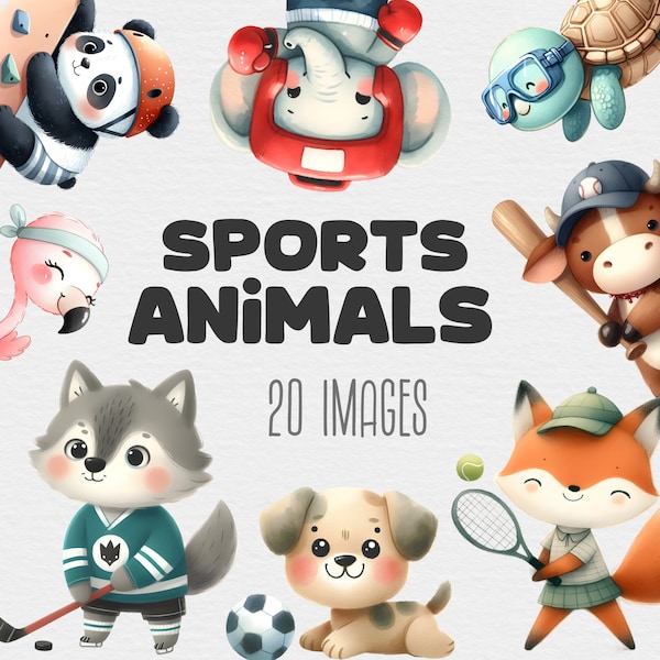 Sports Animal Clip Art Bundle, Cute Baby Animals PNG, Athletic Animals, Sport, Football, Baseball, Soccer, Digital Download, Commercial Use