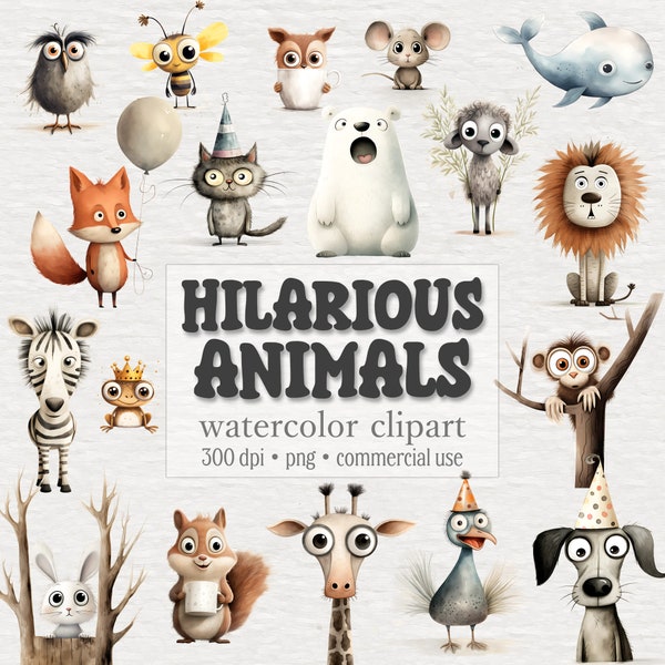 Hilarious Animals Clipart Bundle, Cute and Funny Animals Graphics, Watercolor PNG, Nursery, Paper Crafts, Digital Download, Commercial Use