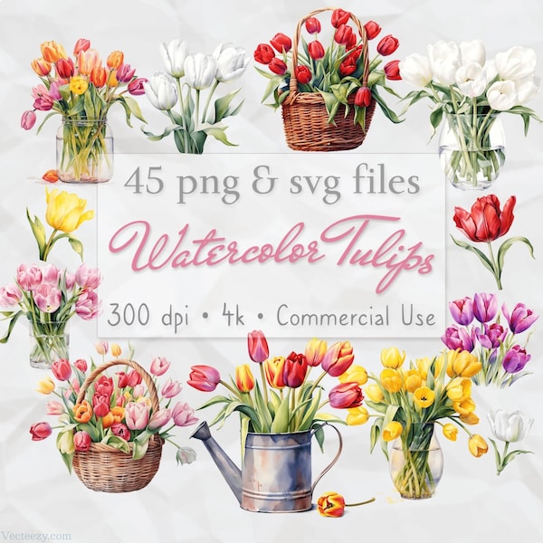 Tulip Clipart, Watercolor Tulips, Floral PNG & SVG, Summer Flowers Clipart, Card Making, Easter gift, Transparent Background, Commercial Use