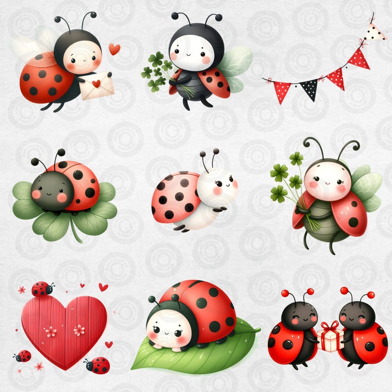 Puede incluir: Una colecci&oacute;n de lindas mariquitas de dibujos animados con manchas rojas y negras. Algunas mariquitas sostienen flores, otras sostienen corazones y algunas sostienen una caja de regalo. Las mariquitas est&aacute;n sobre un fondo blanco con hojas y flores verdes.