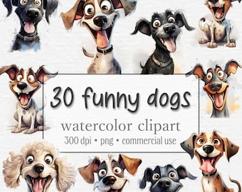 Funny and Crazy Dog Clipart Bundle, Dogs PNG, Aquarelle Puppy Graphics, Animaux mignons, Funny Dog Face, Utilisation commerciale, Téléchargement numérique