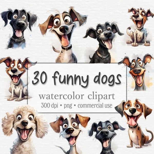 Funny and Crazy Dog Clipart Bundle, Dogs PNG, Watercolor Puppy Graphics, Cute Animals, Funny Dog Face, Commercial Use, Digital Download