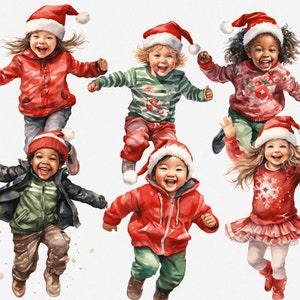 Clipart para niños, Niños lindos saltando de alegría, paquete de imágenes prediseñadas para niños de Navidad, acuarela, niños multinacionales felices, fila de niños, PNG y SVG