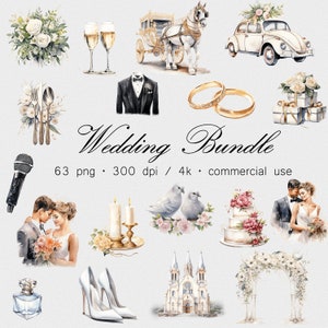 Watercolor Wedding Clipart Bundle, Invitation, Ring, Celebration, Transparent Background, 63 PNG Graphics, Digital Download, Commercial Use