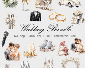 May include: A watercolor illustration set of wedding elements, including a white carriage pulled by a white horse, a white car, a pair of white doves, a wedding cake, a church, a wedding arch, a bouquet of white flowers, a pair of champagne flutes, a tuxedo, a pair of wedding rings, a pair of white shoes, a microphone, a perfume bottle, a couple, and candles. The set includes 63 PNG files at 300 dpi and is for commercial use.