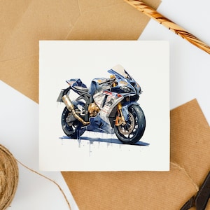 May include: A watercolor painting of a blue and white motorcycle with a black exhaust pipe. The motorcycle is painted in a realistic style with watercolors splattered around it.