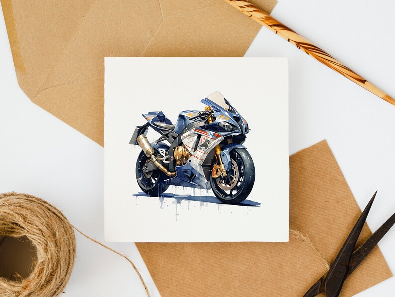 May include: A watercolor painting of a blue and white motorcycle with a black exhaust pipe. The motorcycle is painted in a realistic style with watercolors splattered around it.