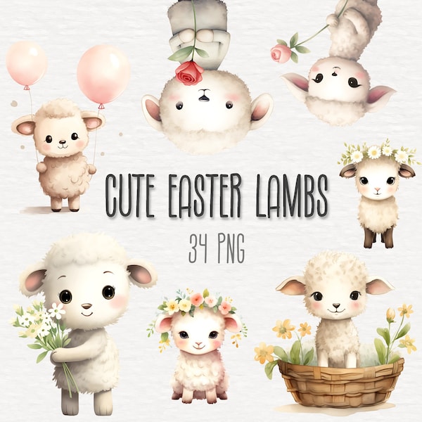 Watercolor Easter Lamb Clipart Bundle, Spring Lambs 34 PNG Set, Easter Illustrations for Card Making, Scrapbook, Junk Journal, Paper Crafts