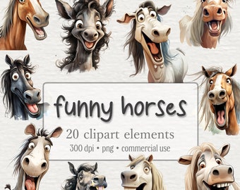 Funny and Crazy Horse Clipart Bundle, Horses PNG, Watercolor Foal Graphics, Cute Animals, Funny Horse Face, Commercial Use, Digital Download