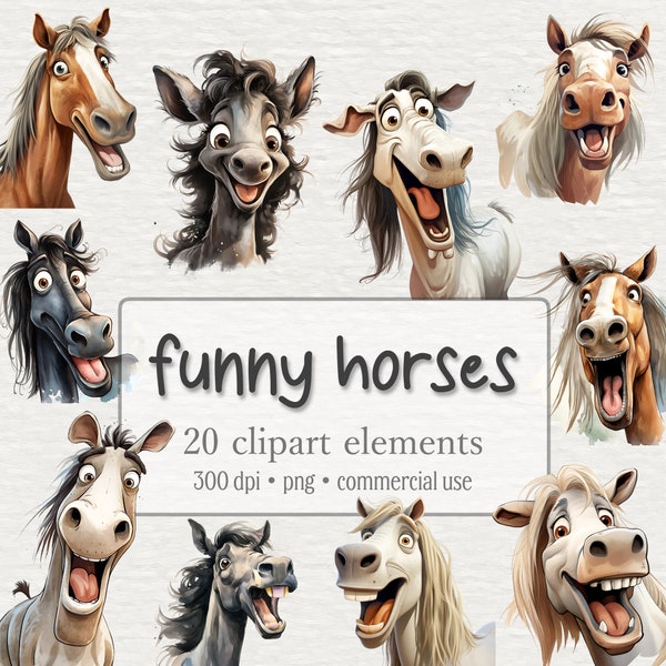 Funny and Crazy Horse Clipart Bundle, Chevaux PNG, Aquarelle Poulain Graphiques, Animaux mignons, Funny Horse Face, Utilisation commerciale, Téléchargement numérique