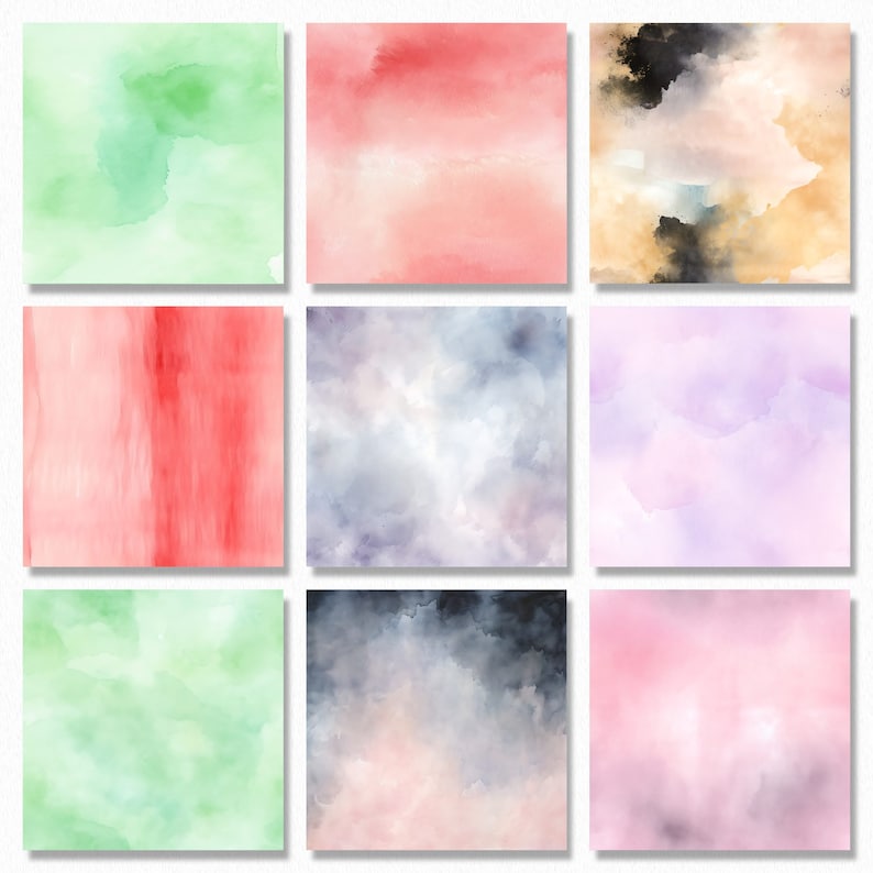 May include: Nine watercolor backgrounds in various shades of green, pink, red, purple, blue, and brown. The backgrounds are abstract and feature soft, blended colors.