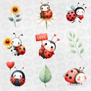 Puede incluir: Una ilustraci&oacute;n digital de lindas mariquitas con manchas rojas y negras. Algunas mariquitas sostienen corazones, flores y un cartel que dice "LOVE".
