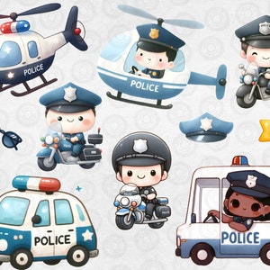 May include: A collection of cute cartoon police officers, vehicles, and accessories.  There is a blue and white police car, a blue and white helicopter, a blue and white motorcycle, a blue and white police hat, a yellow star, and a blue and white police van.  The officers are all wearing blue uniforms with a police badge and a white hat.  The text "POLICE" is featured on the vehicles and the hat.