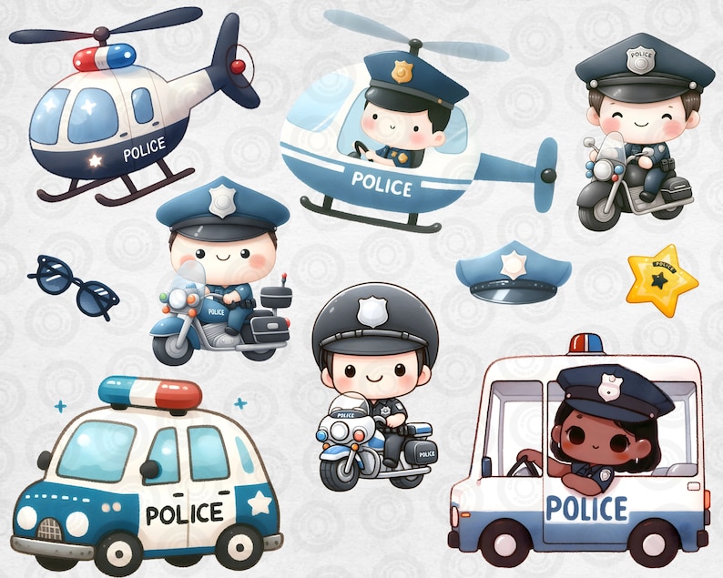 May include: A collection of cute cartoon police officers, vehicles, and accessories.  There is a blue and white police car, a blue and white helicopter, a blue and white motorcycle, a blue and white police hat, a yellow star, and a blue and white police van.  The officers are all wearing blue uniforms with a police badge and a white hat.  The text "POLICE" is featured on the vehicles and the hat.