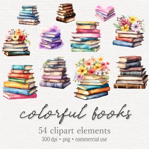 カラフルな本のクリップアート バンドル、水彩画の本 PNG グラフィックス、塗られた本、花の本、読書、教育、スクラップブッキング、商用利用