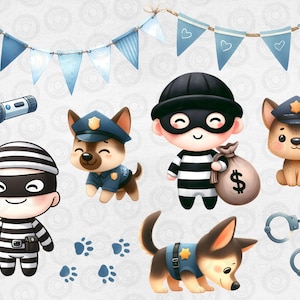 May include: A set of digital clipart featuring a police officer, a thief, and two dogs. The clipart is illustrated in a cartoon style with bright colors and playful expressions. The set includes a flashlight, handcuffs, and a bag of money.